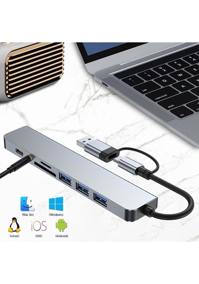 Mt96 Otg Kablolu Çoklayıcı Type-c Usb Girişli 8in1 Adaptör Hub Çoğaltıcı Kart Okuyucu Aux