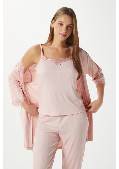 Ritnice Kadın Betty Somon Kalpli 3'lü Paket Sabahlıklı İp Askılı Dantelli Fitilli Örme Pijama Takımı