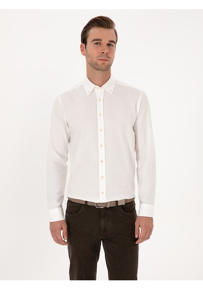 Cacharel Beyaz Slim Fit %100 Pamuk Yakası Düğmeli Flanel Gömlek