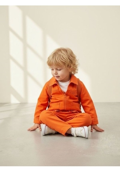 Zekids Erkek Çocuk Fermuarlı Ceket Ve Pantolon İkili Takım-17095 Turuncu