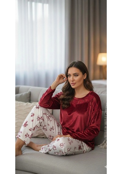 Flz Bordo Kadın Ucu Dantelli Pijama Takım