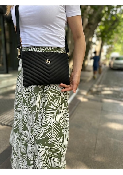 Sanmorris Kadın Siyah Renkli Saten Kumaş Ayarlanabilir Çapraz Ve El Askılı Portföy, Clutch Çanta Siyah