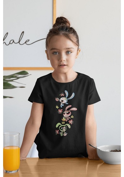 Sevbano Power Puff Girls Baskılı Unisex Çizgi Film Çocuk Tişört 1-12 Yaş Siyah