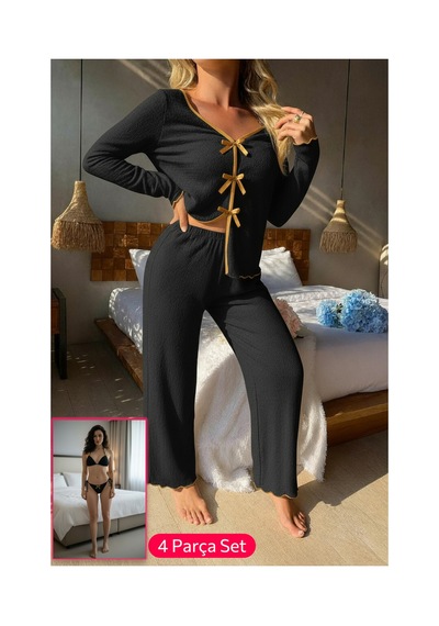 Angbutik Kadın Siyah Fiyonklu İç Çamaşırı Ve Uzun Kollu V Yaka Pijama Takımı 4'lü Set