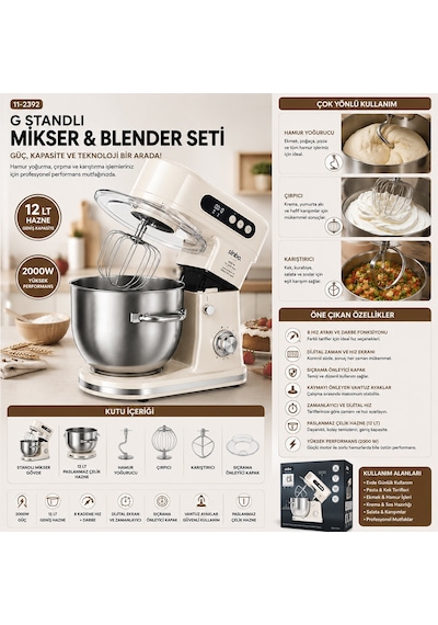 Standlı Mikser - Blender Seti Hamur Yoğurucu - Çırpıcı - Karıştırıcı 8kadem. Hız Ayar 12lt Hazne 200