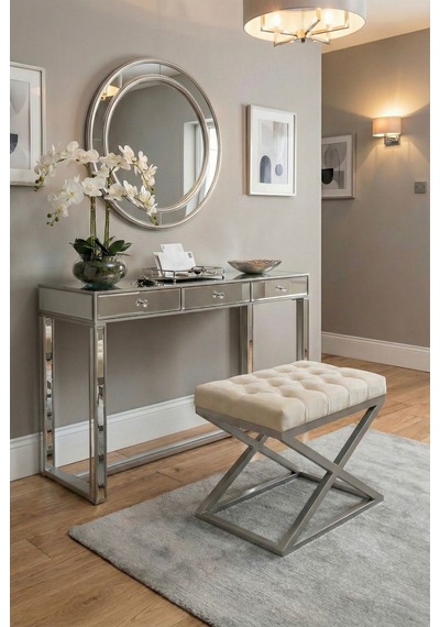 Nexus Babyface Kapitoneli Puf - Krom Metal X Ayaklı Modern Bench 50x40 Cm Bej