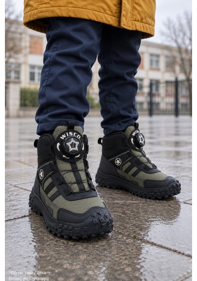 Muggo Torky Bağcık Ayar Mekanizmalı Kalın Taban Unisex Çocuk Günlük Outdoor Trekking Bot Haki