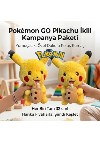 2li Pokemon Go Pikachu Peluş Oyuncak 32 Cm İthal Soft Kumaş Büyük Boy Uyku Oyun Arkadaşı Seti 2 Adet Sarı