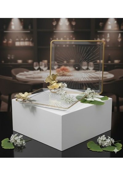 Çnr Home Collection Paşabahçe Taşli Kelebekli Kare Madlen Sunum Servis Tabaği 2 ' Li Gold