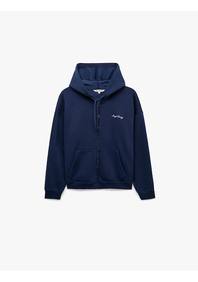Koton Pullu Payetli Dansçı Sweatshirt Melek Kanat Detaylı Kapüşonlu Rahat Kalıp Fermuarlı Lacivert 7wal10495ık
