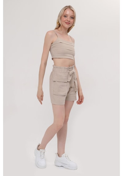 Hgfashion İkli Crop Şort Takımı Bej Rengi Bej