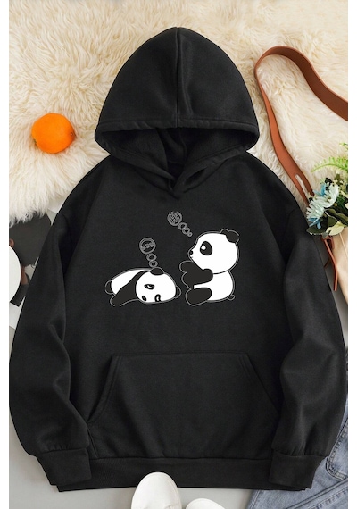 Unisex Panda Baskılı Oversize Sweatshirt Siyah