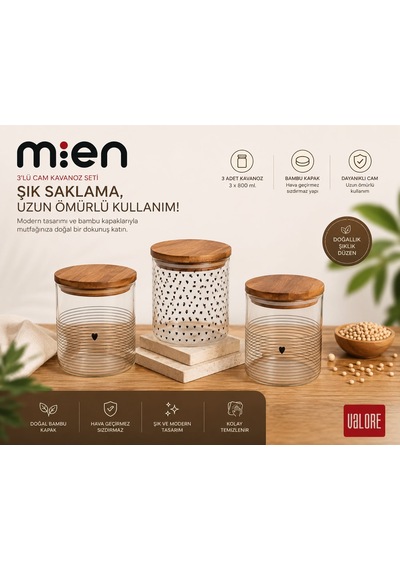 Mien 3'lü Akasya Kapaklı Cam Kavanoz Seti Şeffaf