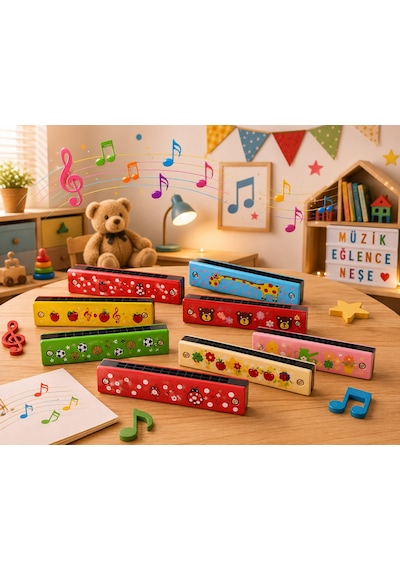 2 Adet Çocuklar İçin Ahşap Mızıka Çocuk Oyuncağı Renkli Desenli Müzik Aleti Eğitici Eğlenceli Hediye