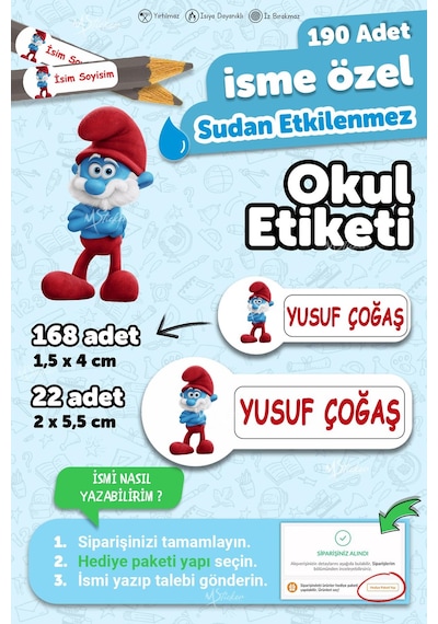 Okul Etiketi Kalem Defter Etiketi Özel Isim Yazılabilen Etiket Şirin Baba Tek 190 Adet