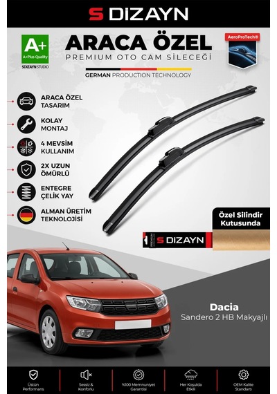 S-dizayn Dacia Sandero 2 Hb Makyajlı Ön Cam Silecek Seti 2016-2020 Premium Araca Özel 55-48 Cm A+ K