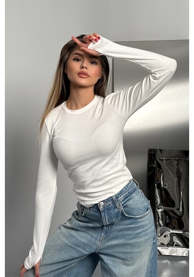 Balenbi Kadın Buzzy Parmak Geçmeli Bisiklet Yaka Basic Body 1130 Beyaz