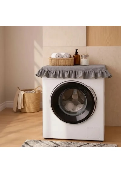 Fırfırlı Çamaşır Makinesi Örtüsü - Çeyizlik Dekoratif Banyo Makine Kılıfı- Antrasit