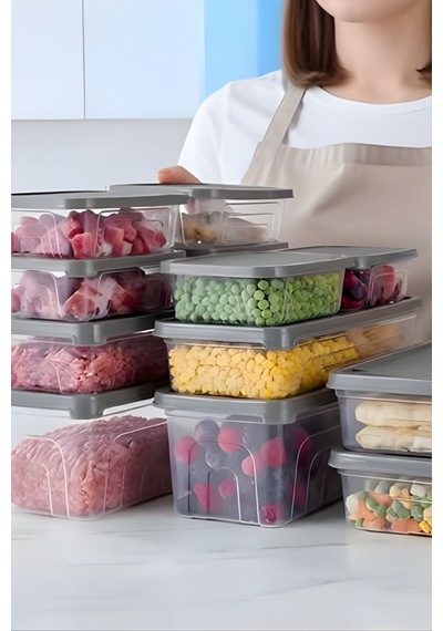 12 Li Buzdolabı Düzenleyici Set, Buzluk Derin Dondurucu Buzdolabı Saklama Kabı 12 Li Set 16 Litre Gri