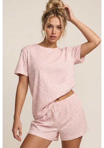 Siyah İnci Örme Şortlu Pijama Takım 8056 Beyaz Somon Leopar