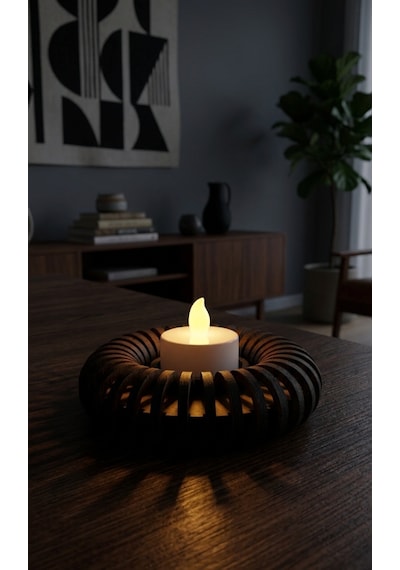 Donut Tealight Mumluk Ahşap Mumluk + Led Pilli Mum 1 Adet Ham Mdf