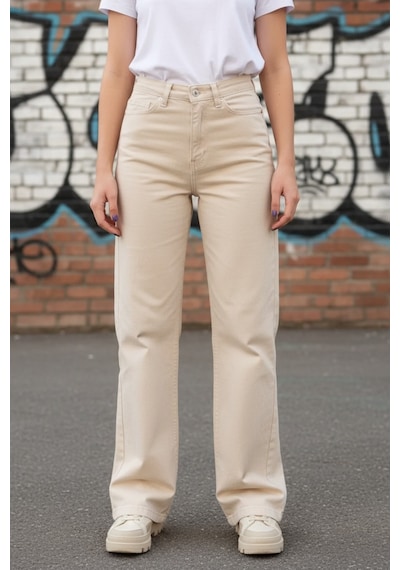 Woddi Heaven Kadın Yüksek Bel Krem Salaş Wide Leg Jeans Geniş Paça Palazzo Kot Pantolon