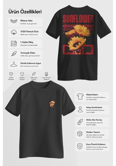 Spoyi Bold Sunflower Tasarımlı %100 Pamuk Yarım Oversize Siyah T-shirt