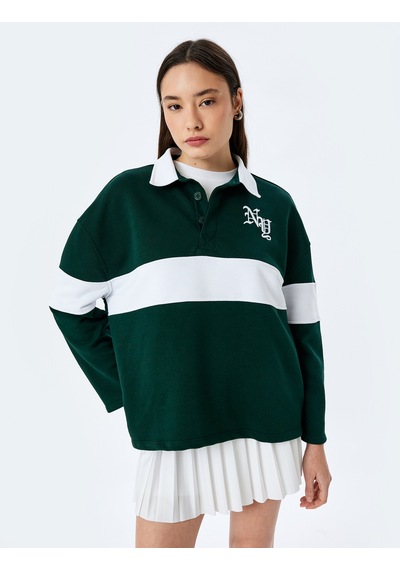 Koton Polo Yaka Nakışlı Düğmeli Renk Bloklu Oversize Sweatshirt Yeşil 5sal10439ık Yeşil Koton Polo Yaka Nakışlı Düğmeli Renk Bloklu Oversize Sweatshirt Yeşil 5sal10439ık Yeşil