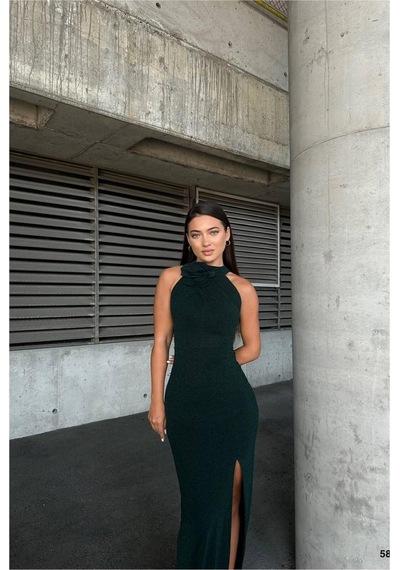 DefyModa Kadın Bisiklet Yaka Yırtmaçlı Balık Kesim Abiye Elbise Zümrüt