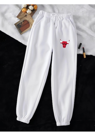 Unisex Kadın/erkek Bulls Baskılı Özel Renkli Paça Lastik Eşofman Altı Jogger Beyaz