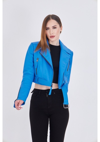 M M Marki Marki Kadın Mavi Hakiki Deri Crop Ceket Biker Stil, Kruvaze Yaka, Kemerli, 52 Cm - 117622