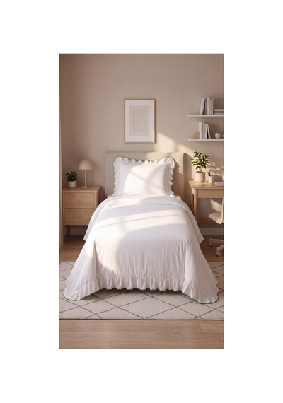 %100 Pamuk Overloklu Fırfırlı Tek Kişilik Nevresim Takımı Lastikli Çarşaflı 160x200 Cm Yeşil - 904799828 Yeşil