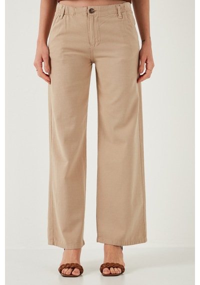 Lela Pamuklu Standart Fit Yüksek Bel Geniş Paça Bayan Pantolon 668Yp5193 Camel