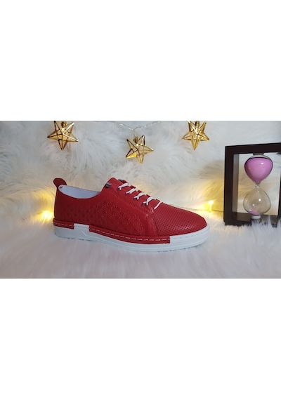 Sedef Hakiki Deri Ortopedik Likra Bağcıklı Kadın Ayakkabı C Kırmızı Beyaz