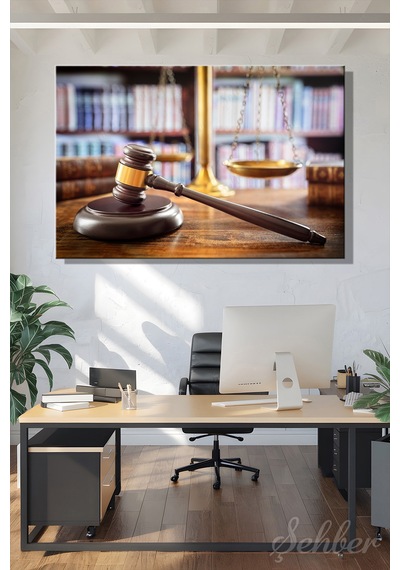 Hakim Tokmağı Gavel Ve Flu Kütüphane Rafları İle Adalet Terazisi Yatay Kanvas Tablo 3860 Çok Renkli