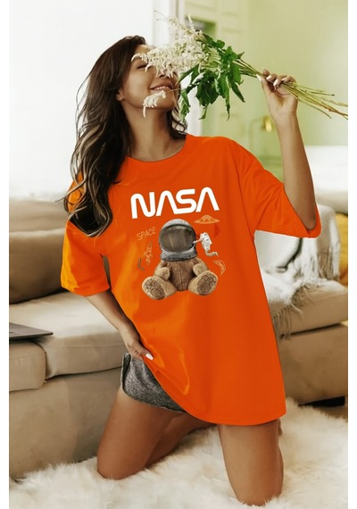Ayıcık Baskılı Oversize T-shirt Turuncu