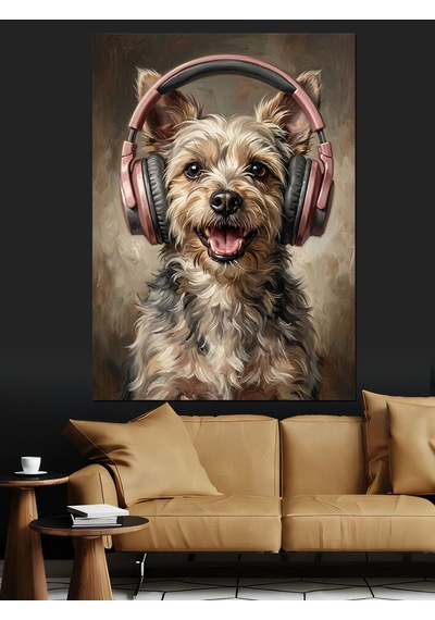 Kulaklıklı Müzik Dinleyen Şirin Köpek Dekoratif Kanvas - Mdf Ahşap Tablo