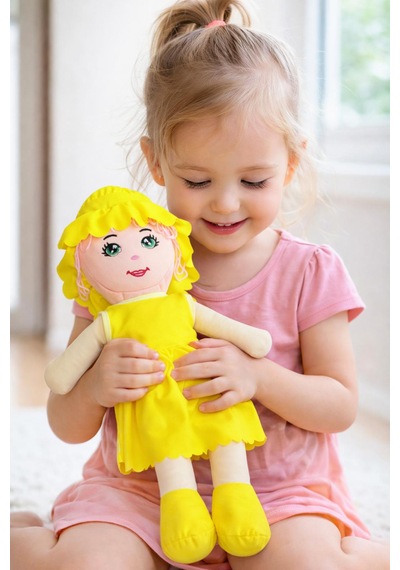 Kız Oyuncak Bebek Elbiseli Oyuncak Bez Bebek 60 Cm Bez Bebek Özel Yapım Premium Sarı Bebek 001