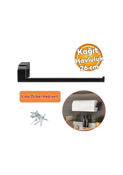 Banyo Lavabo Mutfak Aparat Uzun Kağıt Havluluk Standı Kağıtlık 26 Cm Paslanmaz Metal Sağlam Siyah Genel