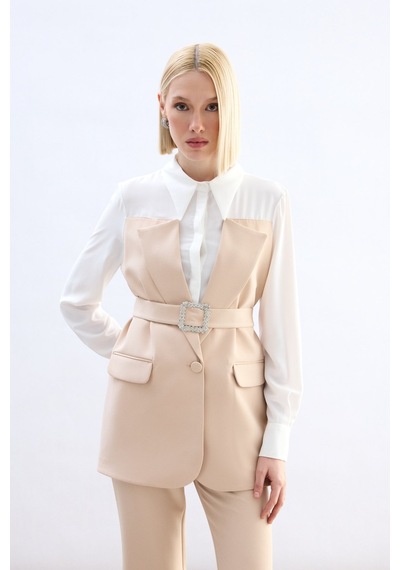 Sateen Ceket Görünümlü Gömlek - Bej-136791 bej