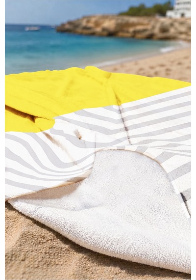 Geometrik Çizgili Sarı Plaj Havlusu - Modern Minimalist Gri Beyaz Hızlı Kuruyan Mikrofiber Havlu Çok Renkli