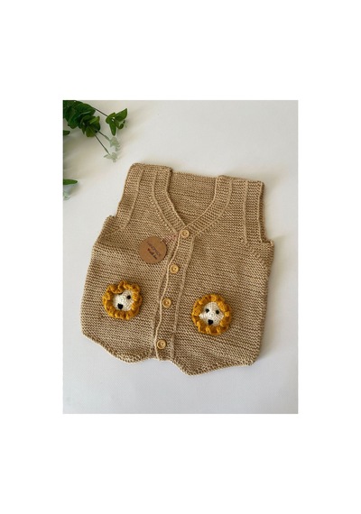 Adenya Sepeti El Örgüsü Açık Kahve Aslan Figürlü Bebek Yeleği Handmade Çok Renkli