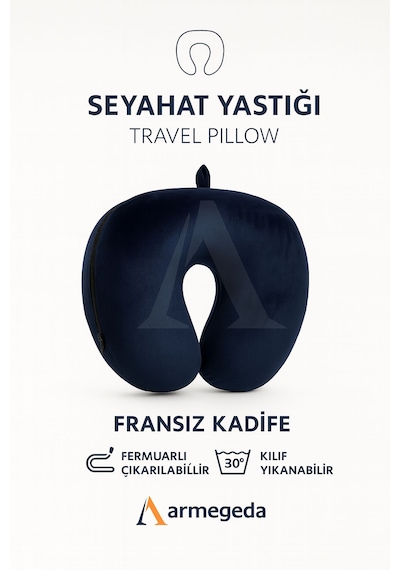 Armegeda Fransız Kadife Seyahat Yastıgı Nar Kırmızısı Yastık Lacivert