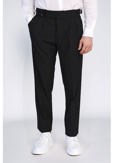 Siyah Çift Pileli Tokalı Yüksek Bel Slim Fit Pantolon Wessi Siyah