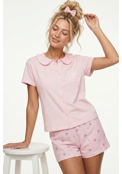Siyah İnci Yaka Detaylı Nakışlı Düğmeli Pamuklu Örme Şortlu Pijama Takımı 8024 Pembe Köpek