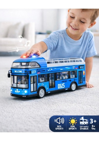 Sesli Işıklı Sürtmeli Büyük Boy Eğitici Oyuncak Araba Gezi Otobüsü Mavi