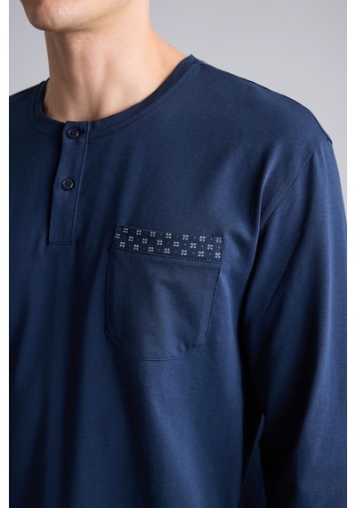 Defacto New Regular Fit Henley Yaka Cepli Uzun Kollu 2li Pijama Takımı I2490ax26aunv135 Lacivert-nv135