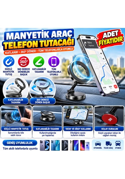 Kahveci.store Tüm Telefonlarla Uyumlu Manyetik Araç Telefonu Tutacağı Katlanır 360 Derece Dönen Telefon Standı 22 Standart