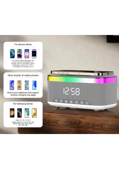 Sa-148 15w Kablosuz Şarj Etme Özellikli Masa Saati - Çalar Saatli Alarm - Bluetooth Hoparlör - Radyo