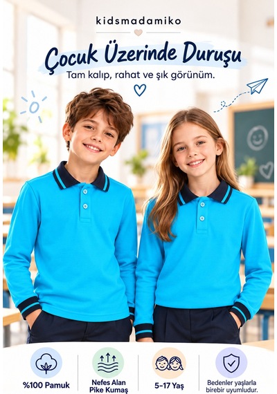 Kidsmadamiko Kız Çocuk Çocuk Uzun Kollu Polo Yaka %100 Pamuk Pike Okul Turkuaz